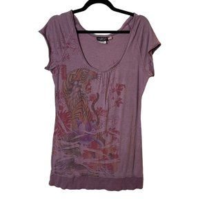 Realitee Womens Purple Scoop Neck Cap Sleeve Pullover Top Asian Tiger Graphic XL
